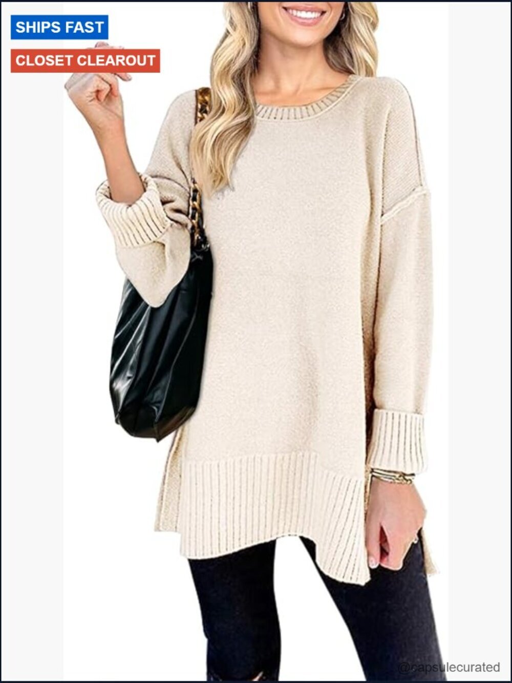 Oversized Crew Neck Pullover Sweater Loose Fit Side Split